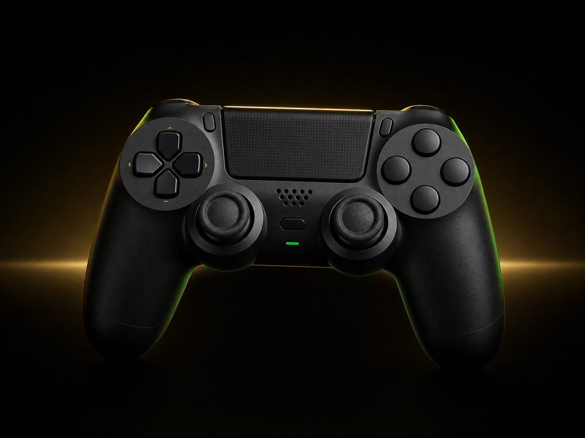 Imagem ilustrativa de controle preto compatível com PS4
