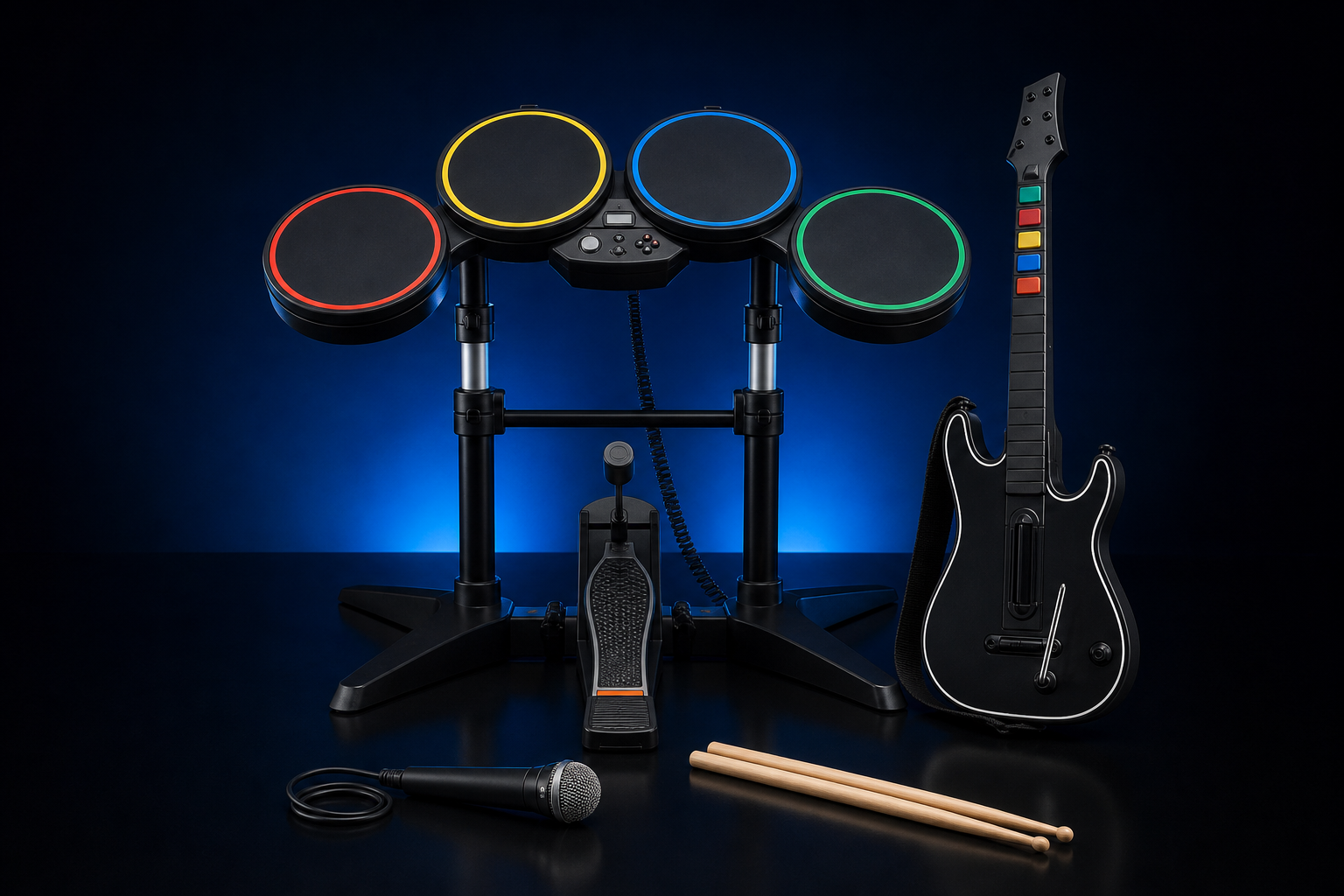 Imagem ilustrativa do kit Rock Band com bateria, guitarra, microfone, baquetas e pedal